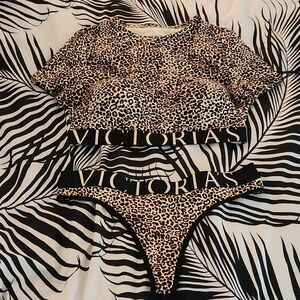 Cotton Short-Sleeve Bralette Crop Top With Matching Thong